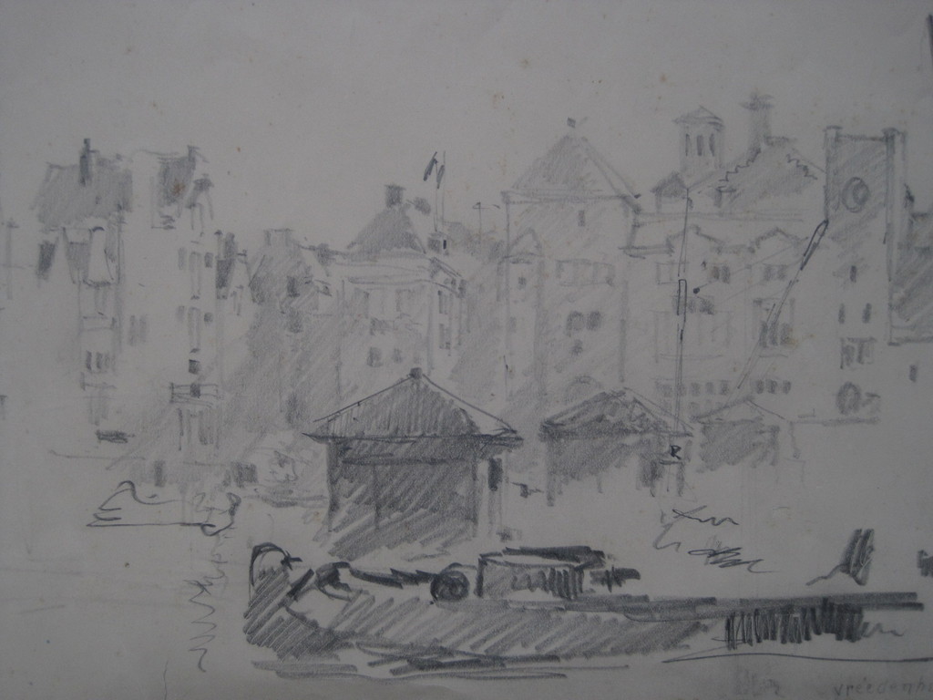 Corn.Vreedenburgh - tekening Amsterdam Damrak met Beurs Berlage gesigneerd verkocht voor € 61!