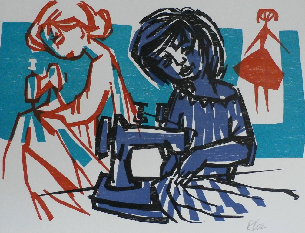 Rob Cox - houtsnede: naaister - 1961 verkocht voor € 35!