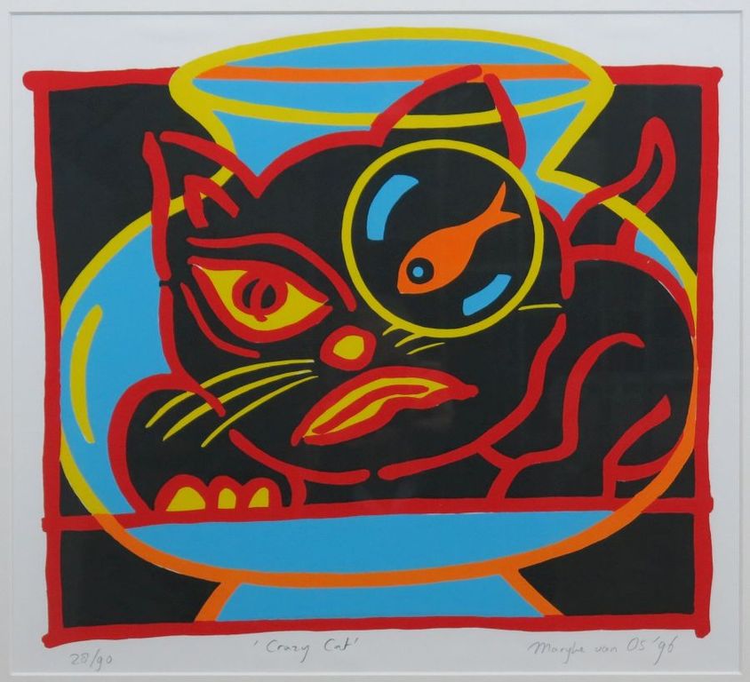 Marijke van Os: Zeefdruk, Crazy Cat - Ingelijst verkocht voor € 50!