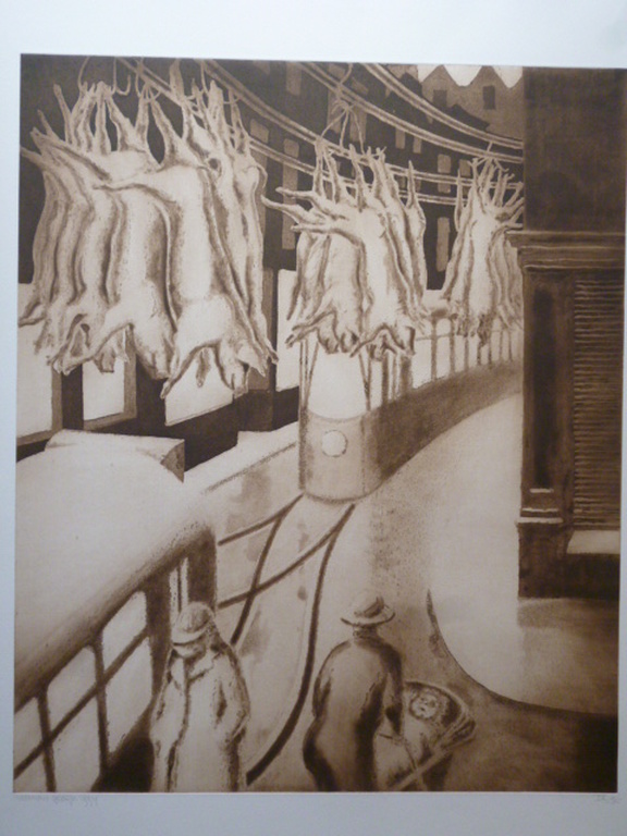 Herman Gordijn - ets/aquatint - Varkensslachterij verkocht voor € 125!