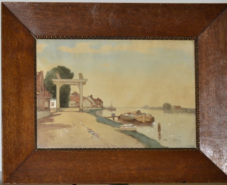 Henri Endlich: Aquarel. Vaart langs een dorp verkocht voor € 70!