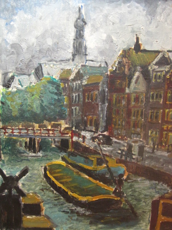 Miep de Leeuwe 1912-2006 "Amsterdam gracht en Westerkerk" olieverf gesigneerd verkocht voor € 80!