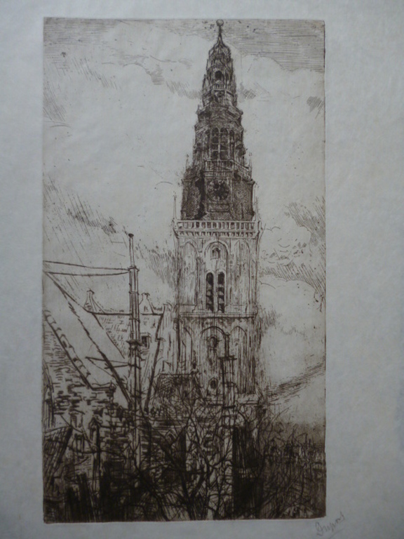 Pieter Dupont - ets - Oude Kerkstoren Amsterdam verkocht voor € 90!