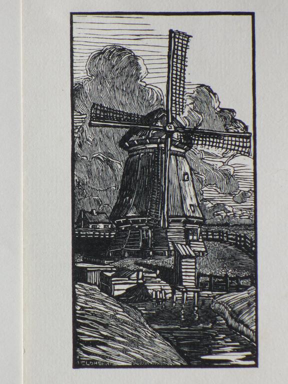 J.G.Veldheer, Molen in landschap, Houtsnede verkocht voor € 35!