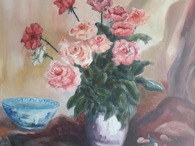 Stilleven, acrylverf op schilderskarton, ingelijsd, gesigneerd met monogram. kopen? Bied vanaf 1!