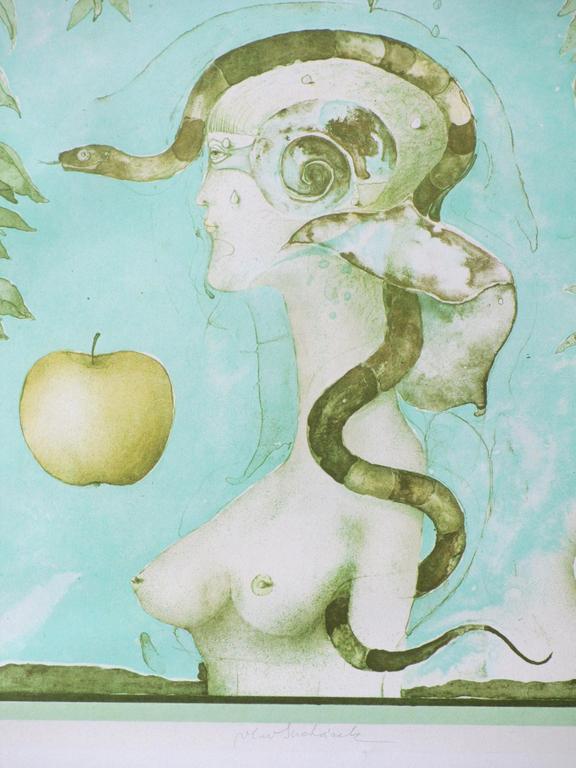 Vladimir Suchanek, Vrouw met slang en appel, Kleurenlitho kopen? Bied vanaf 55!