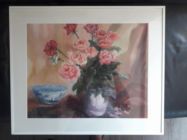 Stilleven, acrylverf op schilderskarton, ingelijsd, gesigneerd met monogram. kopen? Bied vanaf 1!