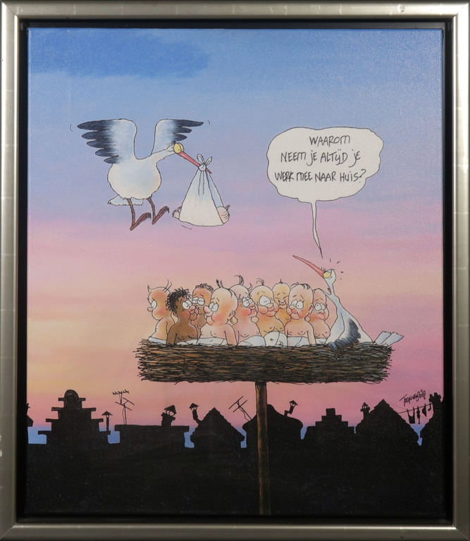 Toon van Driel: Giclee op doek, Ooievaar - Ingelijst verkocht voor € 35!