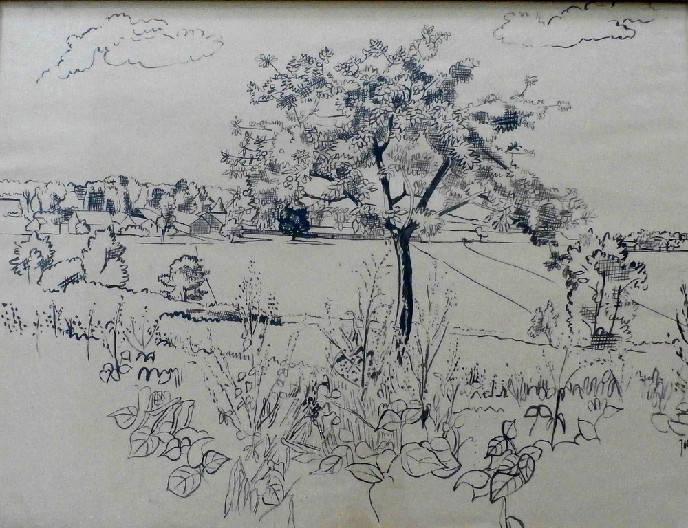 Joep Nicolas - ingelijste inkttekening: landschap verkocht voor € 55!