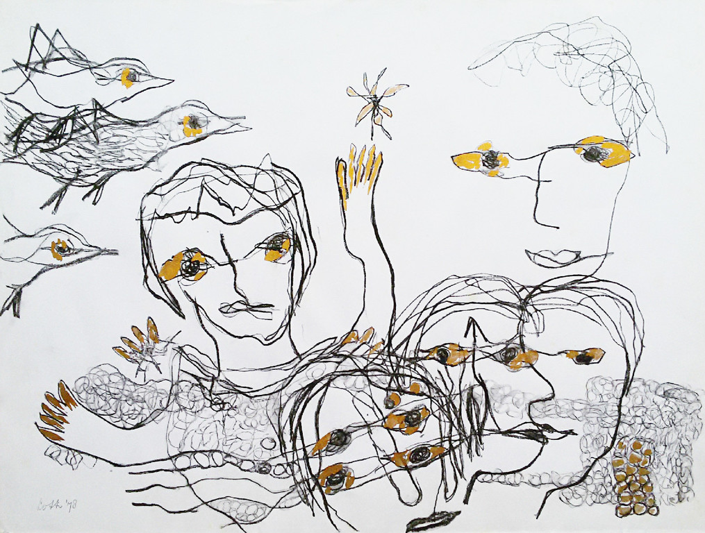 Lotti van der Gaag - Figuren met vogels, gemengde techniek op papier kopen? Bied vanaf 175!