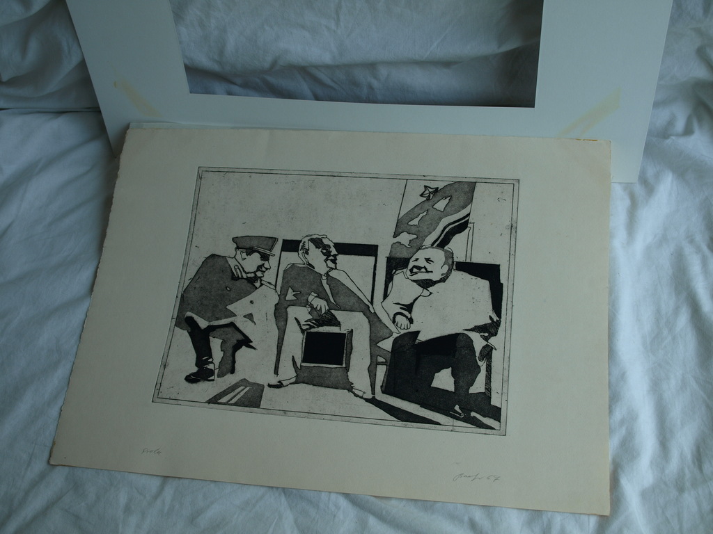 Onduidelijke signatuur : Ets en aquatint , Stalin, Roosevelt en Churchill  kopen? Bied vanaf 1!
