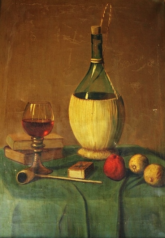 Onbekend, gesigneerd : Olieverf op doek , Stilleven met wijn, pijp, fruit e.a.  kopen? Bied vanaf 1!