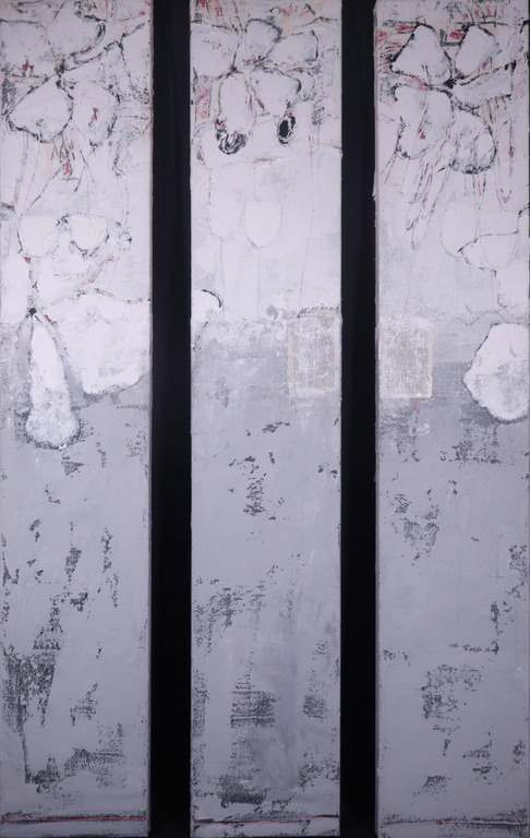 Antonio Poioumen: Drieluik, Acryl en collage op doek, Hoe liefelijk verkocht voor € 60!