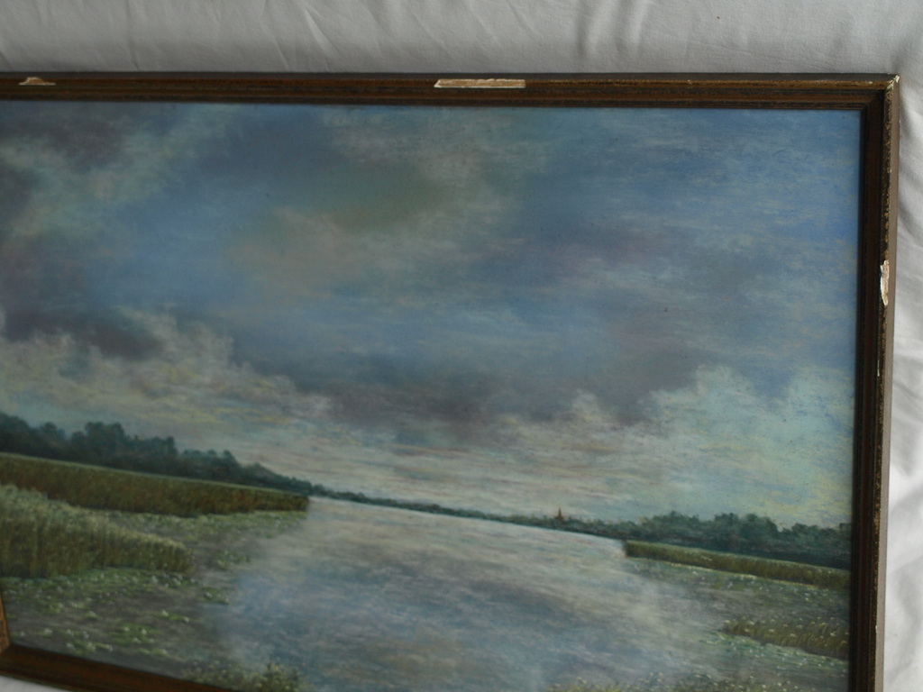 Onduidelijke signatuur :  Pastel - Watergezicht – ingelijst – Oud kopen? Bied vanaf 35!