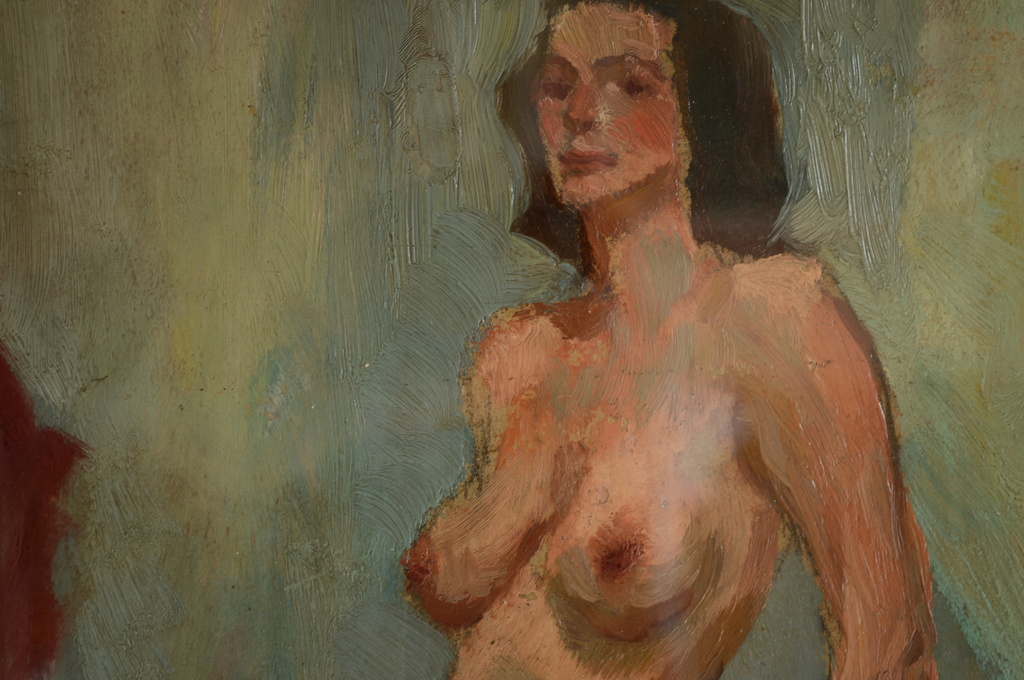 Evert Pieters (1856-1932) staand naakt,olie/board 27 x 41 ca.1920 signatuur l.o kopen? Bied vanaf 350!