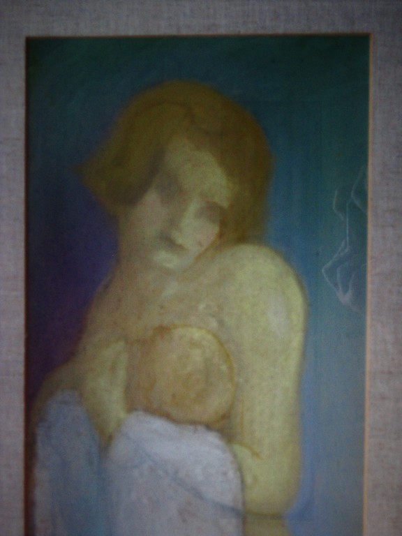 Mooi Art Deco periode Pastel op board "Moeder en Kind" van Willem Bon 1904-1990 verkocht voor € 60!