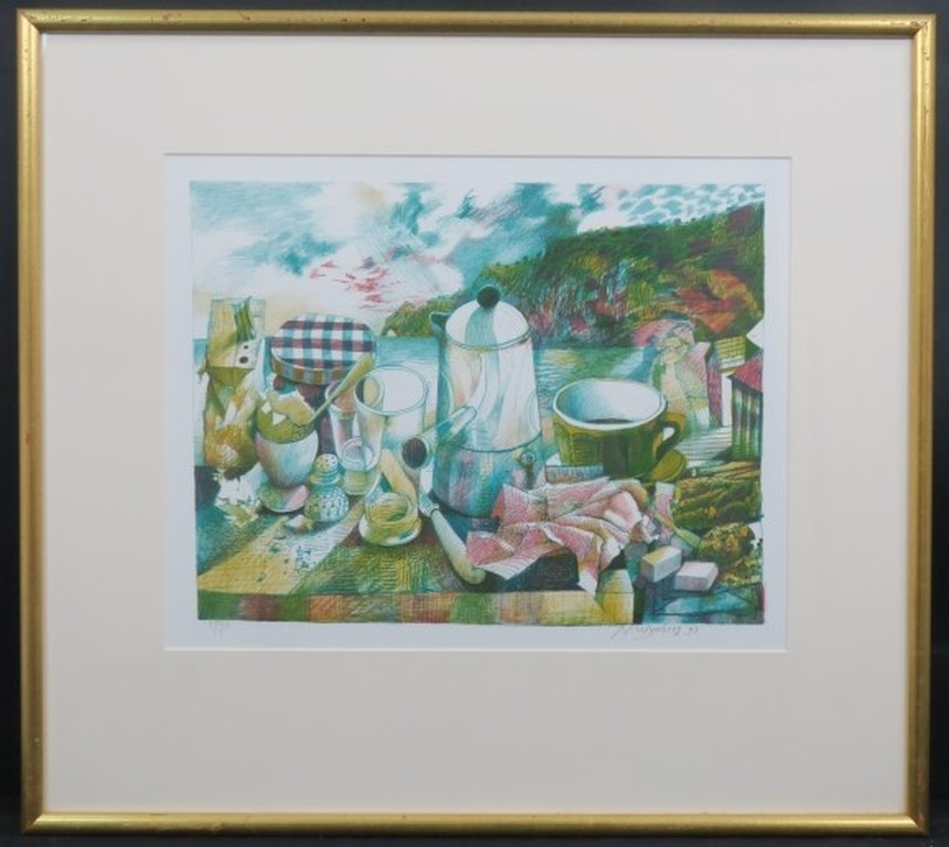 Nicolaas Wijnberg: Litho, Ontbijt aan een meer - Ingelijst verkocht voor € 80!