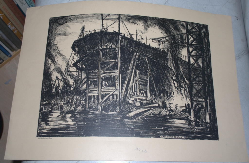 Litho scheepswerf, gesigneerd verkocht voor € 35!
