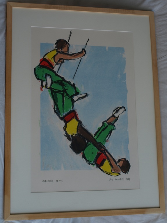 Ellen Meuwese : Zeefdruk , Trapeze artiesten – gesigneerd & ingelijst – 1997 kopen? Bied vanaf 50!