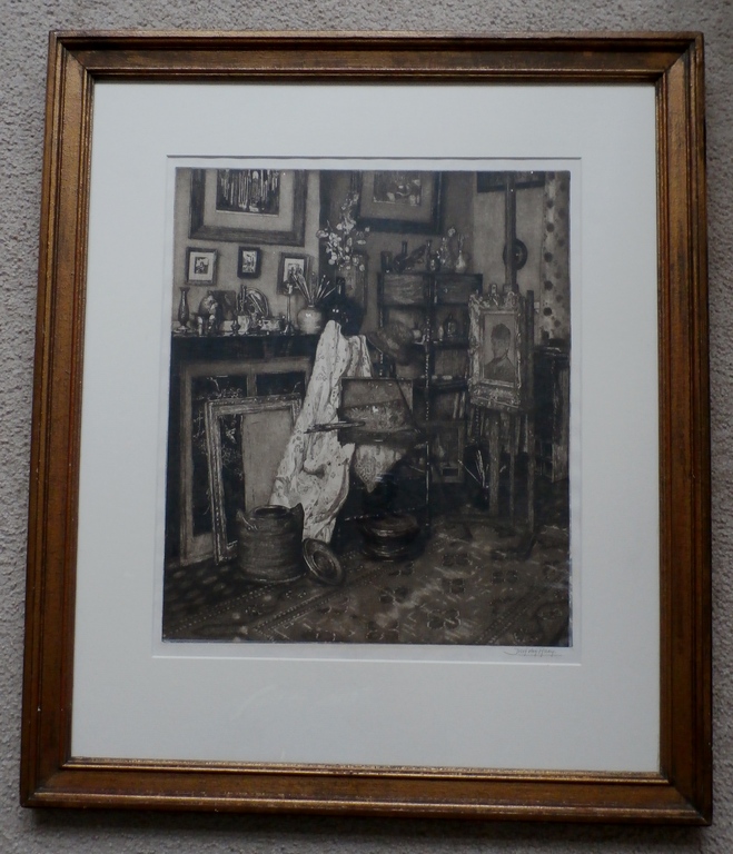 Jozef van Raaij, grote ingelijste ets: Schildersatelier, handgesigneerd verkocht voor € 150!