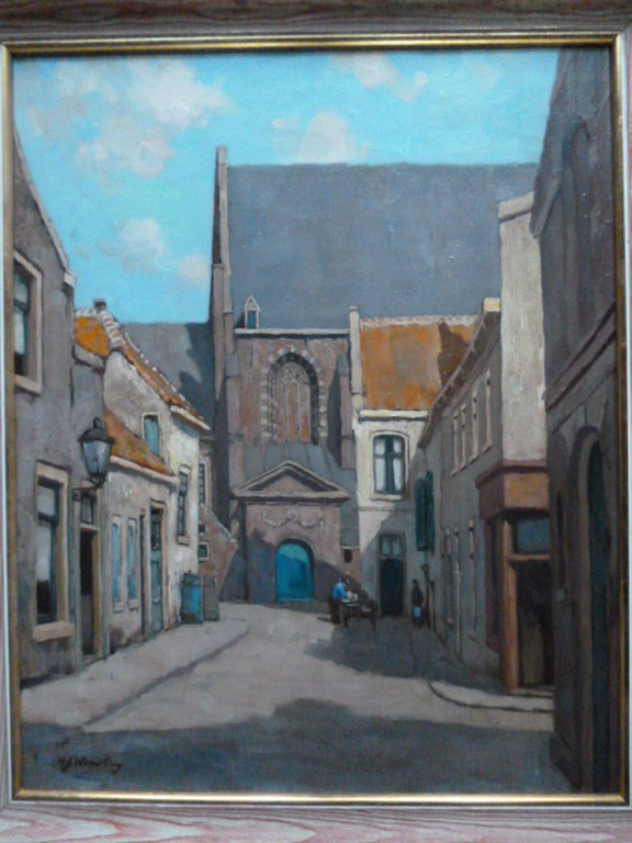 Hendrik Jan Wesseling-olieverf-Lange Begijnenstraat en Waalse Kerk Haarlem kopen? Bied vanaf 595!