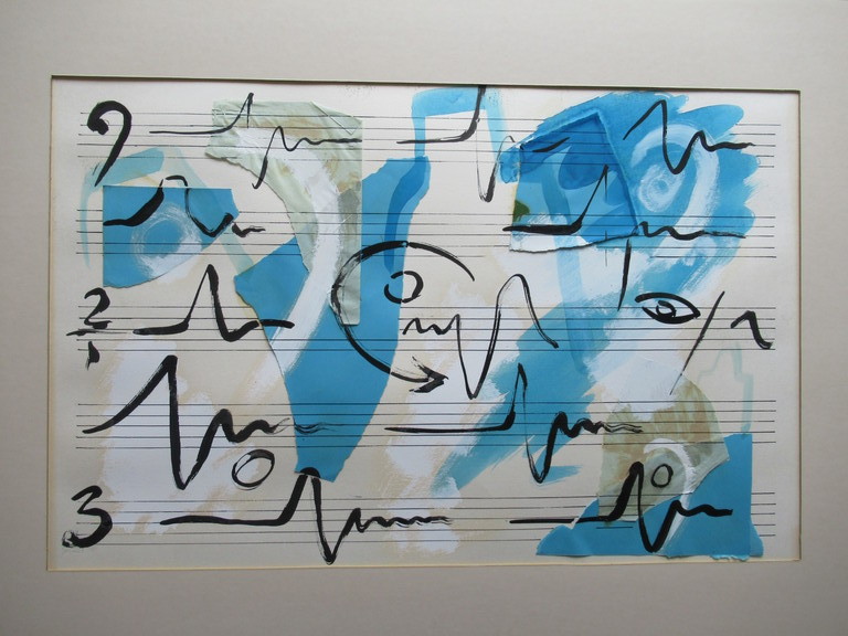 Onbekende kunstenaar: collage en verf, muziekschrift kopen? Bied vanaf 1!