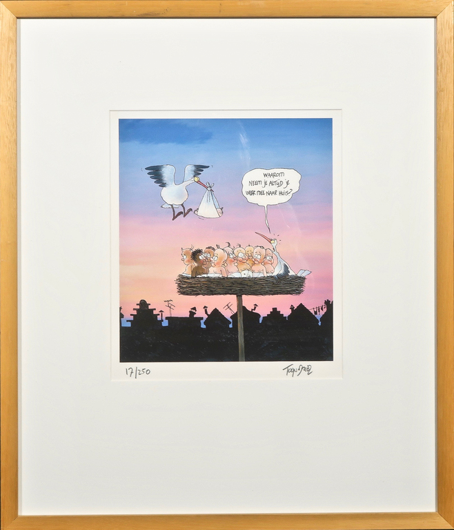Toon van Driel: Giclee, Ooievaar - Ingelijst verkocht voor € 35!