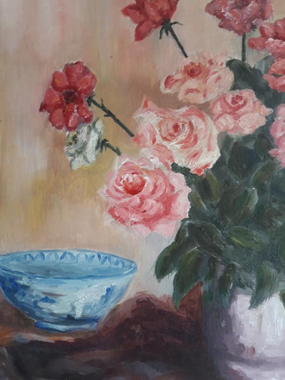 Stilleven, acrylverf op schilderskarton, ingelijsd, gesigneerd met monogram. kopen? Bied vanaf 1!