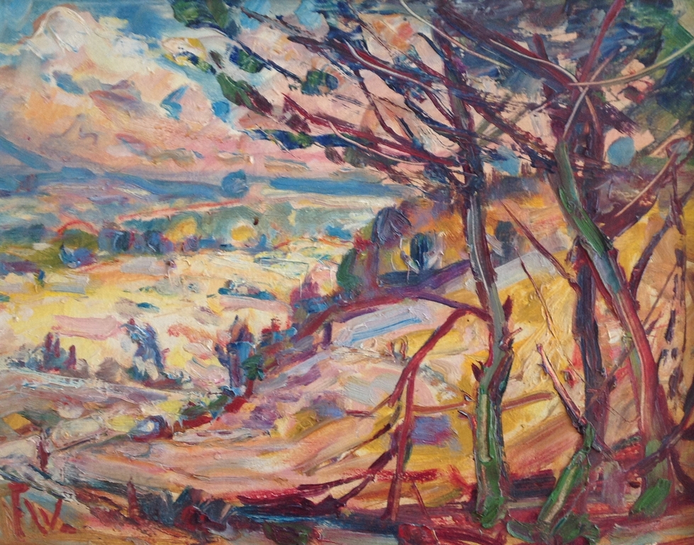 zonnig landschap met bomen en heuvels, onleesbaar gemonogrammeerd, olie op board kopen? Bied vanaf 1!