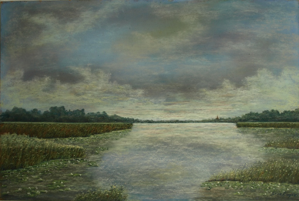 Onduidelijke signatuur : Pastel - Watergezicht – ingelijst – Oud kopen? Bied vanaf 35!