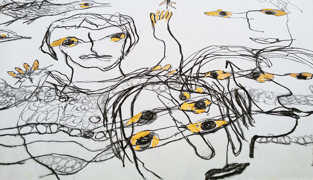 Lotti van der Gaag - Figuren met vogels, gemengde techniek op papier kopen? Bied vanaf 175!