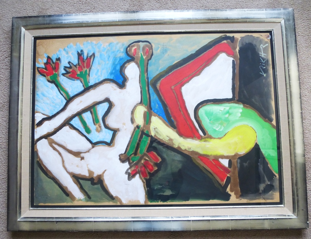 Herman Krikhaar, grote gouache: figuur en bloemen, 1988, handgesigneerd kopen? Bied vanaf 375!