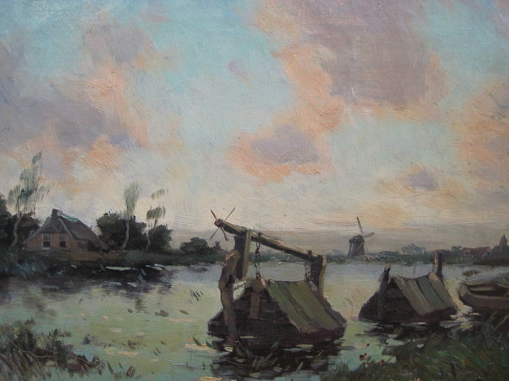 gesign. H. Endlich (Jan Knikker sr) "avondrood aan de Vecht" olieverf ca. verkocht voor € 111!