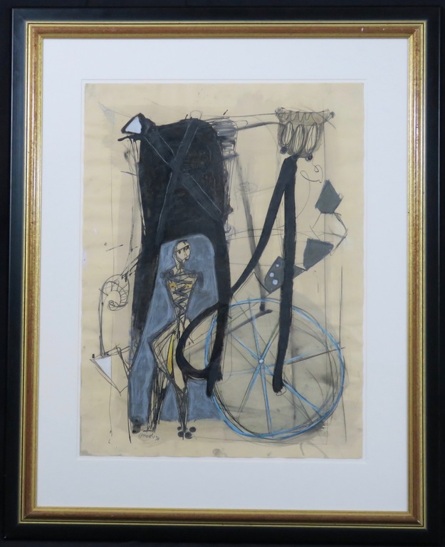 Udo Dziersk: Gemengde techniek op papier, Compositie met figuur - Ingelijst verkocht voor € 420!
