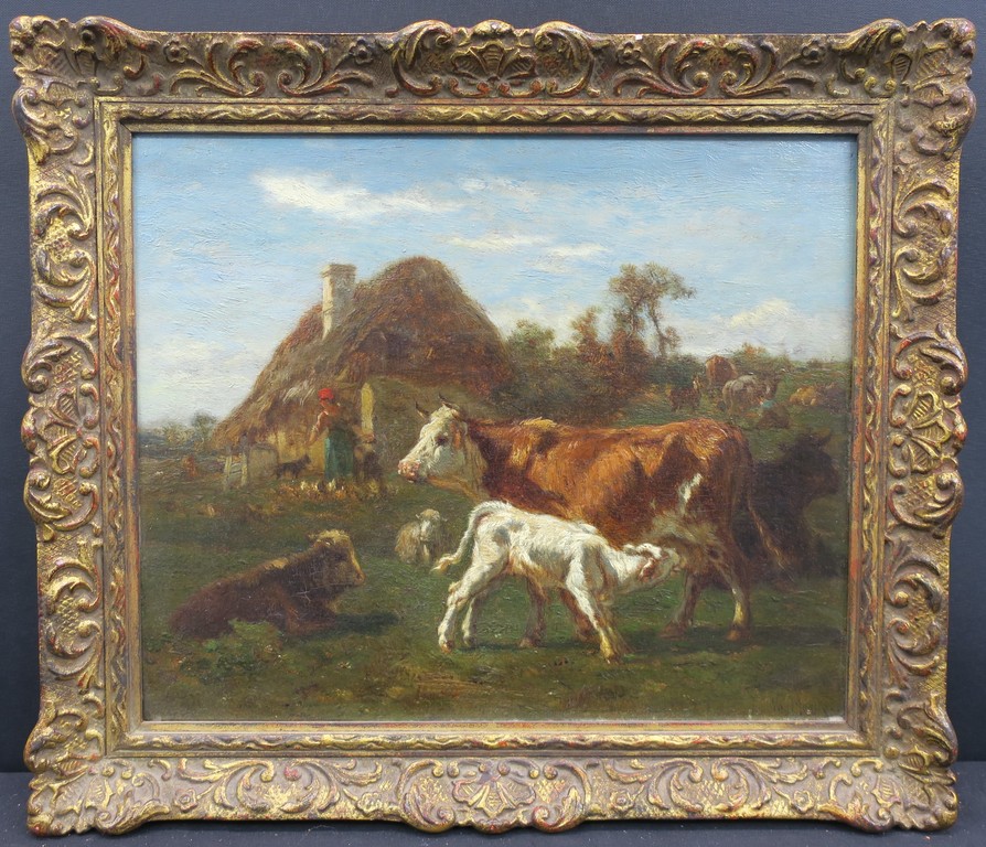 Emile van Marcke de Lummen: Olieverf op paneel, Boerderij met vee - Ingelijst verkocht voor € 400!