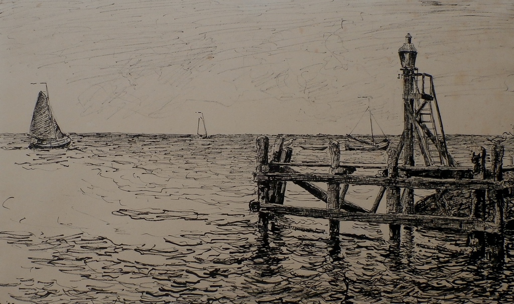 Willem Jans Dijk - inkttekening: Havenstijger bij de ingang van Volendam - 1927 verkocht voor € 60!