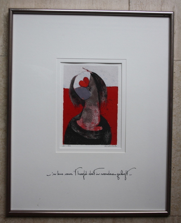 Ans Wortel. kleurenlitho:  'n kus voor 't hoofd dat in wonderen gelooft  kopen? Bied vanaf 45!