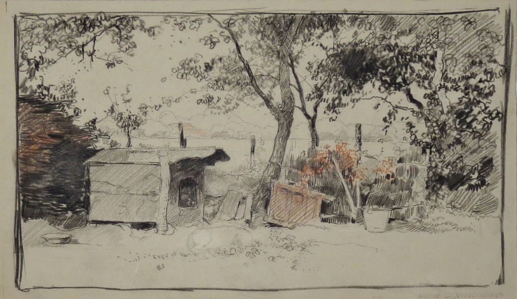 Cornelis Vreedenburgh - Cornelis Vreedenburgh, Krijttekening, Tuin met hondenhok, Met atelierstempel verkocht voor € 140!