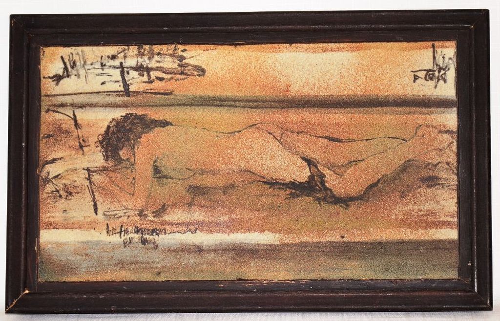 Reinier den Adel: Keramisch Tableau. Vrouwelijk naakt. verkocht voor € 80!