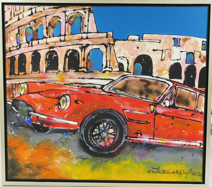 Erik Zwezerijnen: Acryl op doek, Rode Ferrari - Ingelijst (Zeer groot) verkocht voor € 500!