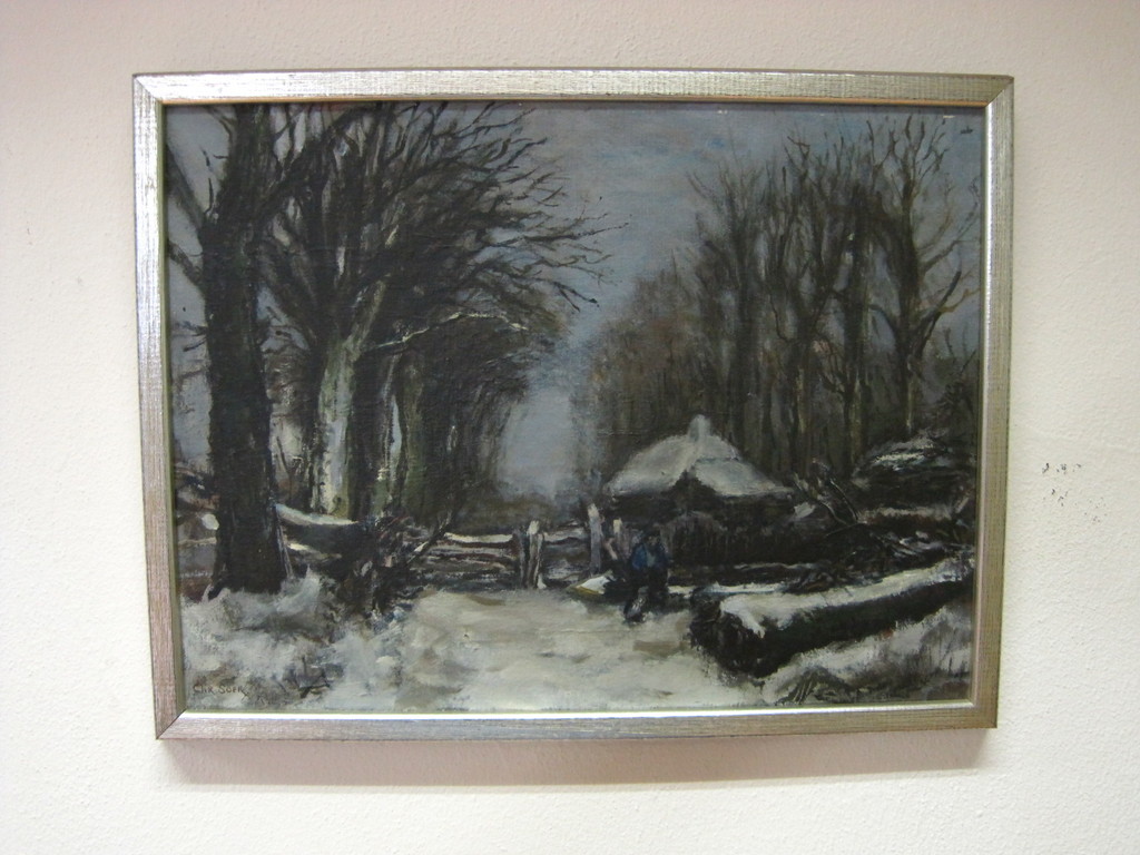 Christ. Soer 1882-1961 olieverf "Winters bos met houtvester" ca. 1920 verkocht voor € 111!