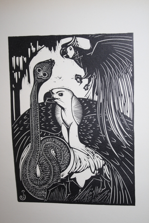 JAN SCHONK - ART DECO HOUTSNEDE 1926 -  VOGELS EN SLANG verkocht voor € 35!