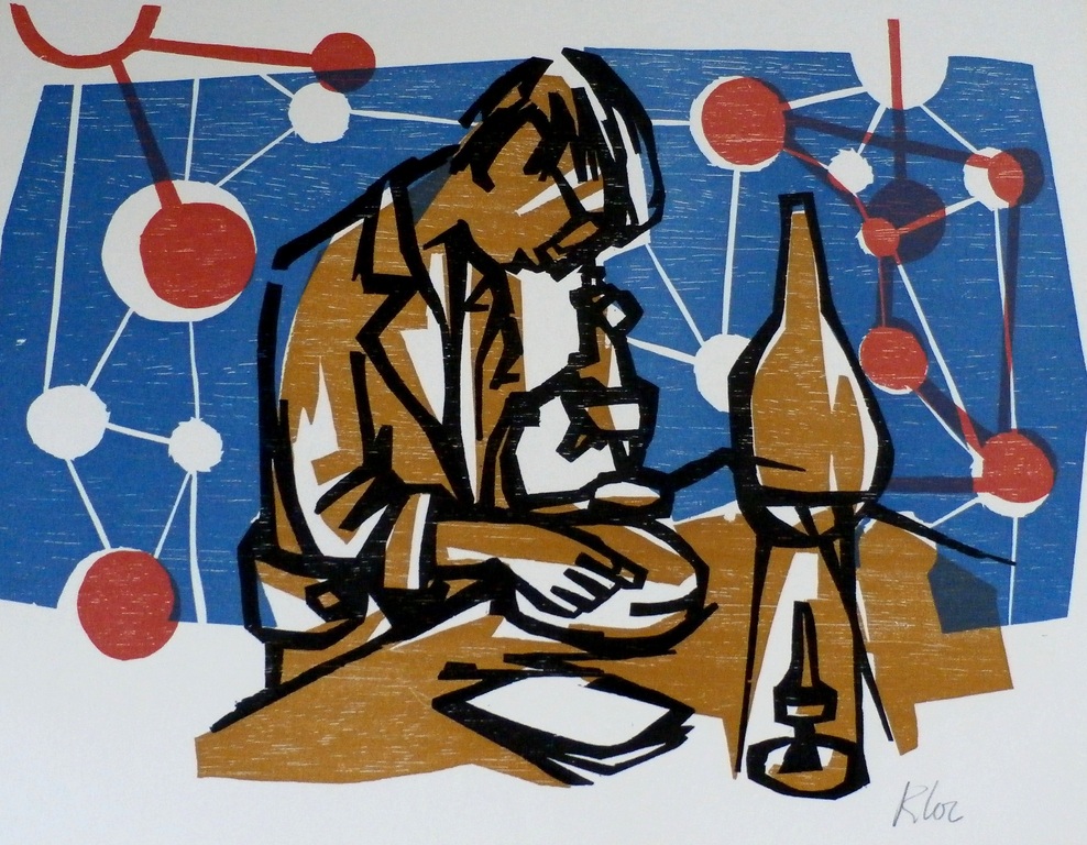 Rob Cox - houtsnede: laborant - 1961 verkocht voor € 35!