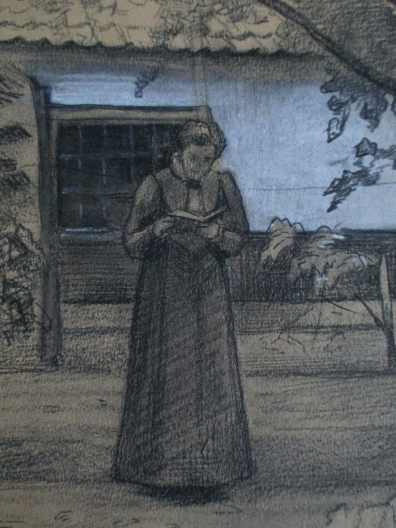H.A.C Dekker, tekening gesigneerd, lezende vrouw in tuin kopen? Bied vanaf 70!