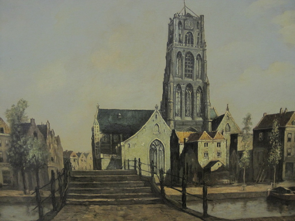 omstreeks 1920 - GROOT stadsgezicht Rotterdam Laurenskerk onduid gesigneerd kopen? Bied vanaf 1!
