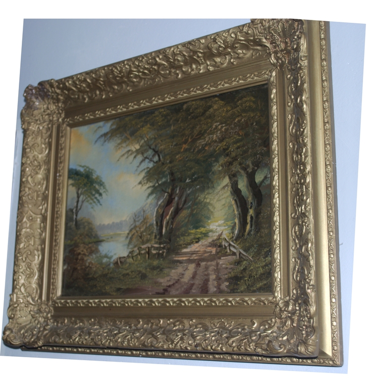 Olieverf op doek, landschap met bospad langs een ven. kopen? Bied vanaf 65!