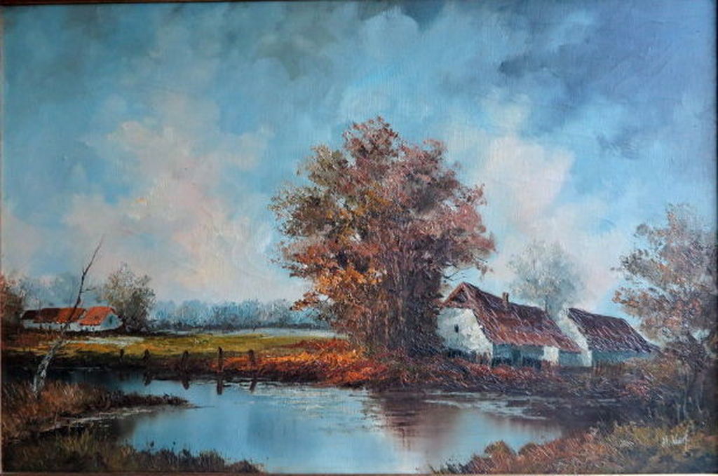 Groot schilderij onduidelijke signatuur-gelijst olieverf/doek - Polderlandschap  kopen? Bied vanaf 1!