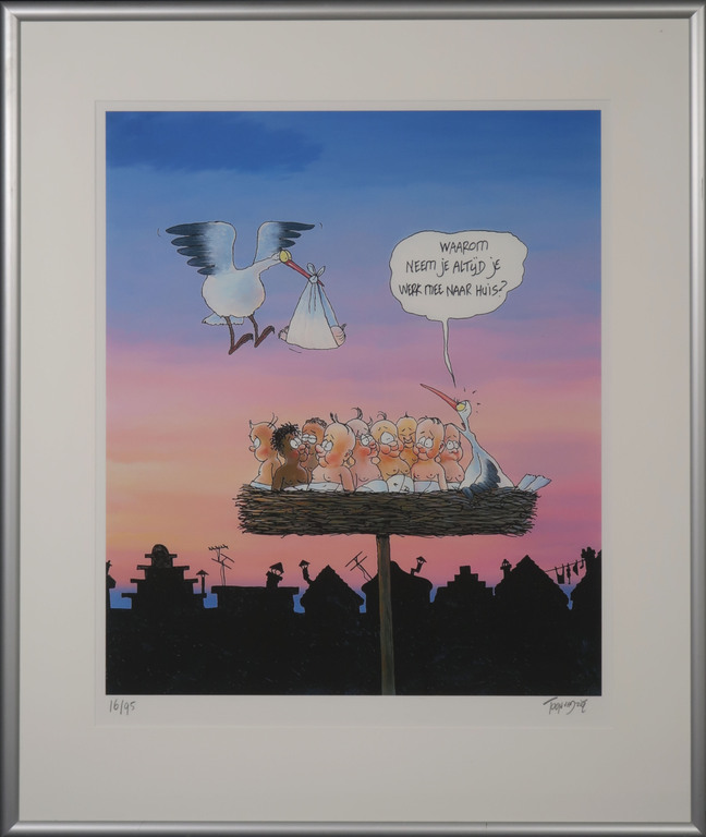 Toon van Driel: Giclee, Ooievaar - Ingelijst verkocht voor € 50!