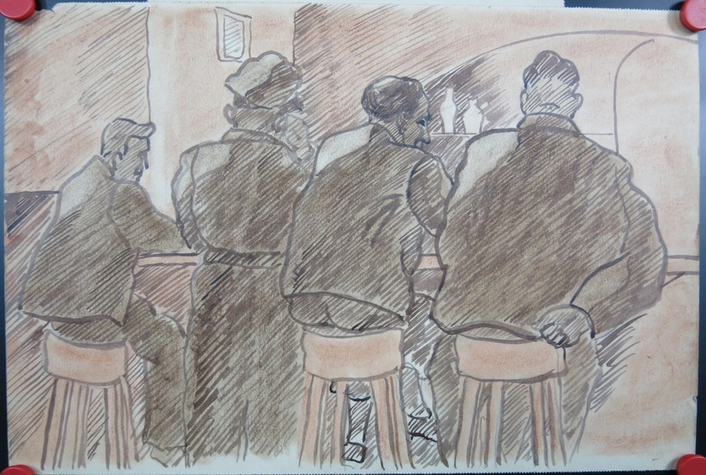 Wim Jurcka: 2x stifttekening, Cafe scenes kopen? Bied vanaf 1!
