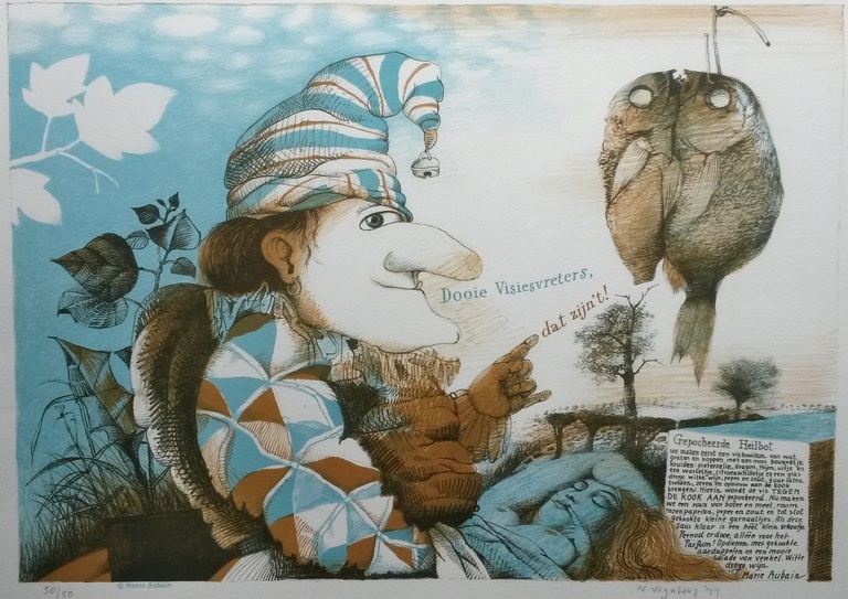 Nicolaas Wijnberg, kleurenlitho, Pulchinella met vis verkocht voor € 75!